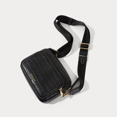 Bandolier Drew Embossed Croc Leather Crossbody Bag - Black Croc/Gold, Pre-owned, Open Box, Like New
