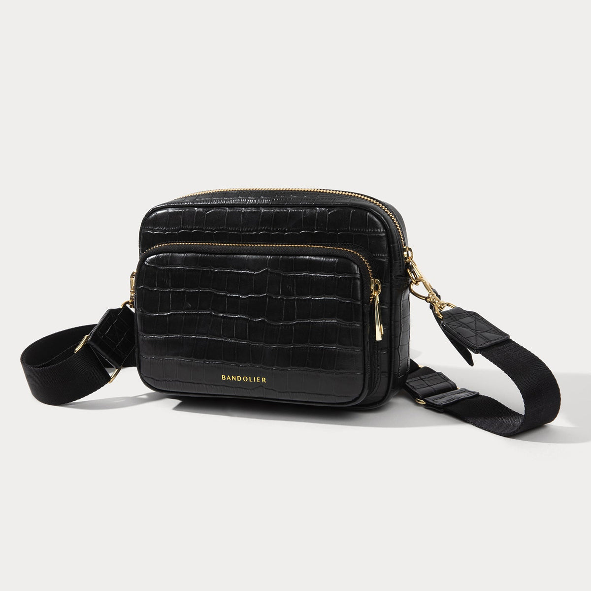 Bandolier Drew Embossed Croc Leather Crossbody Bag - Black Croc/Gold, Pre-owned, Open Box, Like New