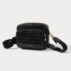 Bandolier Drew Embossed Croc Leather Crossbody Bag - Black Croc/Gold, Pre-owned, Open Box, Like New