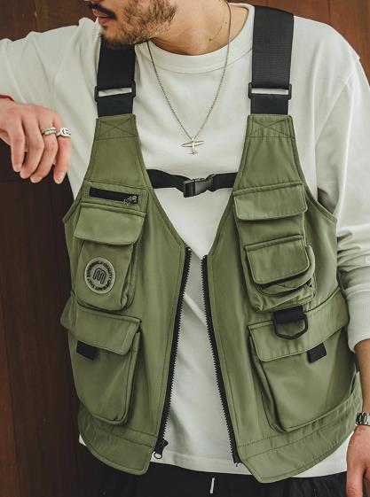 Unbranded 27 Men Multi-pocket Tactical Vest Jacket & Bag Japan Retro Multi-function Photography Waistcoat Wide Shoulder Strap Solid Bag