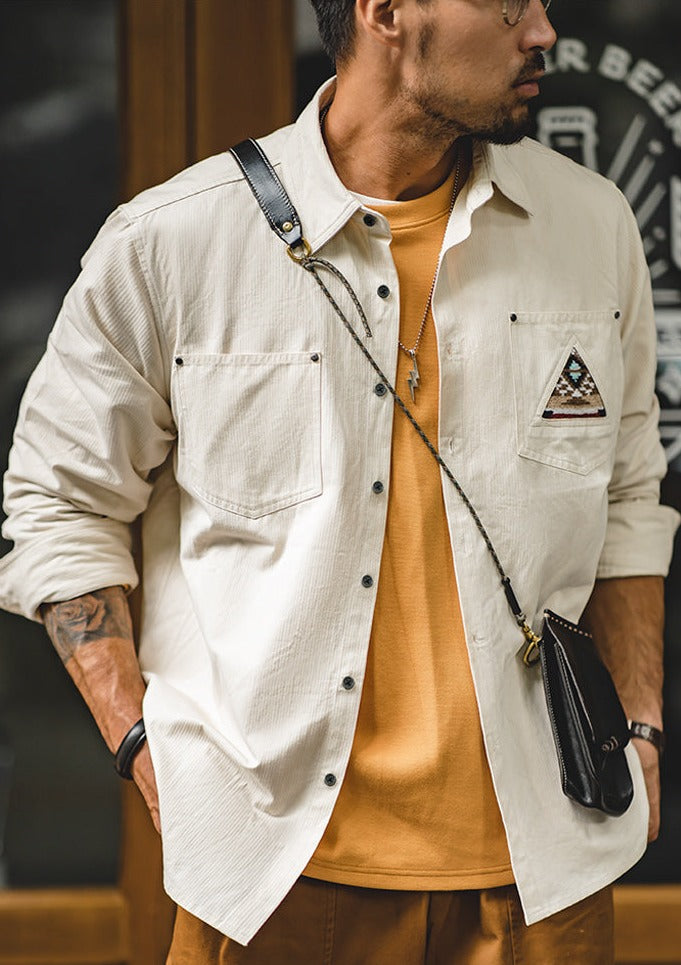 Unbranded 27 Men Tooling 100% Cotton Indian Totem Shirt Japan Retro Sleeve Patchwork Pocket Turn-down Collar Single-breasted Clothing