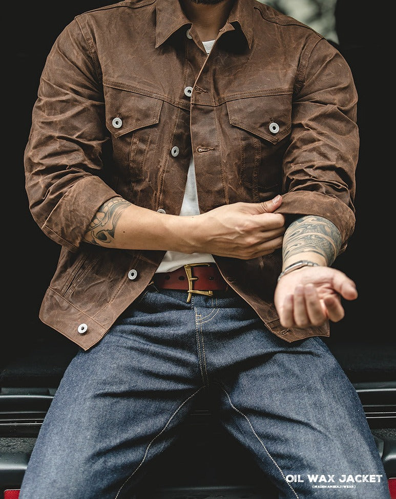 Unbranded 27 Amekaji Retro Male Oil Waxed Jacket Canvas Cotton Khaki Military Uniform Light Casual Work Safari Style Coats Man Clothing