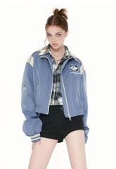 WooHa 2022 winter new vintage and versatile work wind collar loose sweet cool blue short jacket female