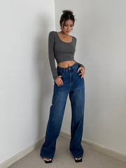 CannedPineapple Women's High Waist Wide Leg Dark Blue Denim Straight Leg Loose Drag Pants