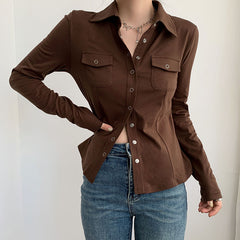 WEEKEEP Women's vintage cardigan work shirt jacket with a hundred buckles lapel long-sleeved tops