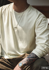 Unbranded 27 workwear men's vintage 300g cotton heavyweight long-sleeved T-shirt white round neck inside sweatshirt bottoming shirt