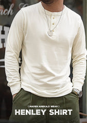 Unbranded 27 workwear men's American vintage heavyweight long-sleeved Henley shirt T-shirt open collar tough guy outer thin bottoming shirt