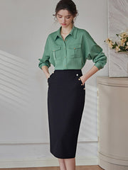 ROEYSHOUSE Women's green satin shirt autumn new commuter shirt lapel long-sleeved blouse
