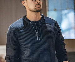 Unbranded 27 Vertical Stripe Sweater O-Neck Slim Fit Men?¡¥s Retro Knitted Pullover Patch Stitching Design Classic Sweaters Men Clothing