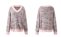 Soote Season women's retro lazy wind knitwear broken hole gradient V-neck sweater women