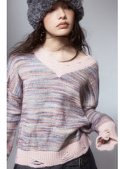 Soote Season women's retro lazy wind knitwear broken hole gradient V-neck sweater women