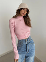 CannedPineapple temperament half high collar pump pleated long sleeve high waist bottoming shirt slim top