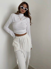 CannedPineapple temperament half high collar pump pleated long sleeve high waist bottoming shirt slim top