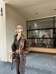 PrettyDragon brown vintage short leather jacket biker long sleeve jacket vintage short tops female