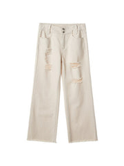 Circlofy women's torn wide leg pants spring new high-waisted straight fur-trimmed jeans