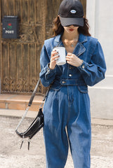 Wei Shang 2022 early autumn new straight waist work jumpsuit suit collar false two-piece suit denim jumpsuit