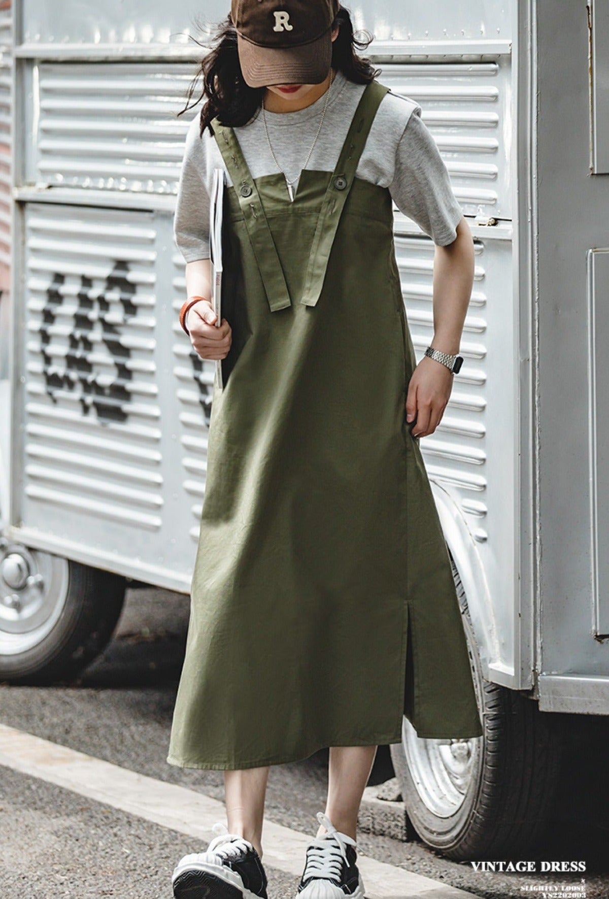 Unbranded 27 women's Japanese retro military green casual work back straps cover crotch thin halter A-line dresses