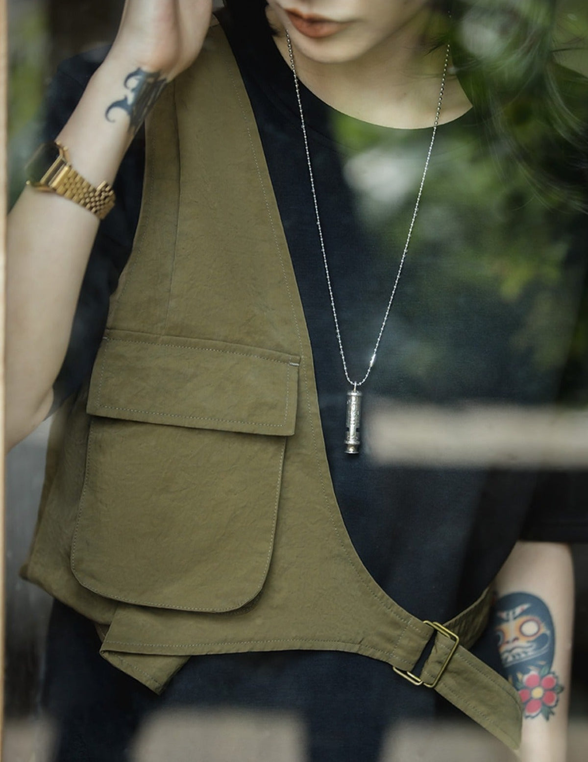 Unbranded 27 Japanese Retro Military Green Functional Cargo Women's Vest Lightweight Sleeveless Asymmetric Men Women Vest