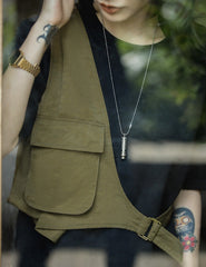 Unbranded 27 Japanese Retro Military Green Functional Cargo Women's Vest Lightweight Sleeveless Asymmetric Men Women Vest