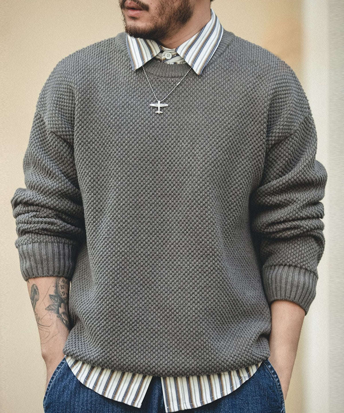 Unbranded 27 Men Pullover Sweater Japan Retro Heavy Pineapple Grain Thick O-neck Knitted Oversize Harajuku Streetwear Casul Sweater