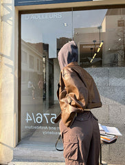 PrettyDragon brown vintage short leather jacket biker long sleeve jacket vintage short tops female