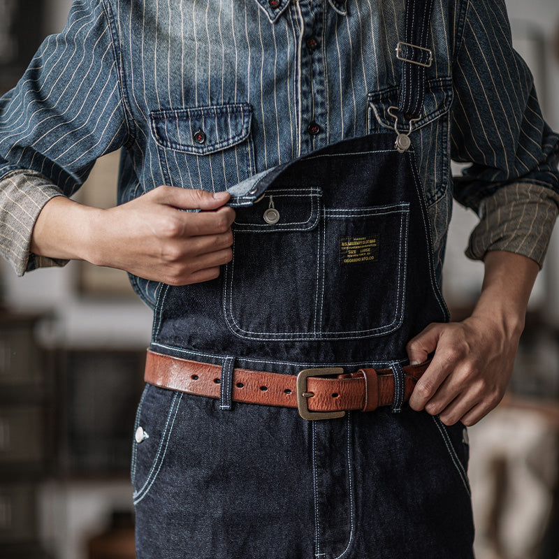 DIANHAI-Mens vintage denim denim backpack pants wide leg railroad work pants striped pants