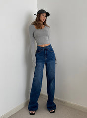 CannedPineapple Women's High Waist Wide Leg Dark Blue Denim Straight Leg Loose Drag Pants