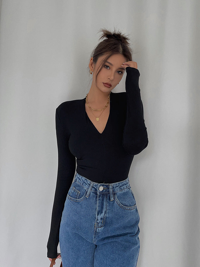 CannedPineapple Slim high stretch thin V-neck long-sleeved bottoming shirt