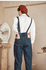 THREAD & STORY-Women's fun woven mark decorated nine-point straight denim backpack pants winter new