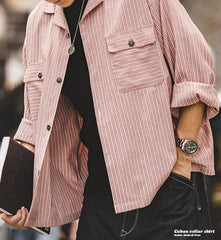 Unbranded 27 Striped Cuban Collar Men Shirt Jap Retro Patchwork Vintage Pocket Long-sleeved Polyester Cotton Spring Fall Shirt Trend