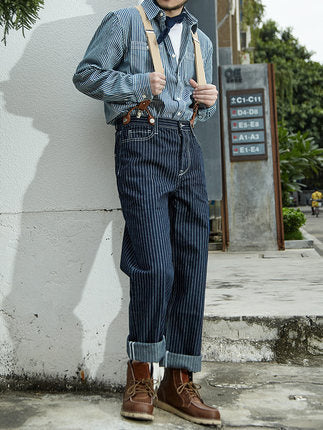 EPKing-Men's retro railroad vertical striped backpack pants loose wide leg straight work denim jeans