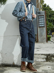EPKing-Men's retro railroad vertical striped backpack pants loose wide leg straight work denim jeans