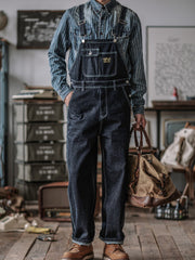 DIANHAI-Mens vintage denim denim backpack pants wide leg railroad work pants striped pants