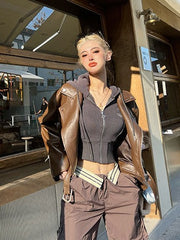 PrettyDragon brown vintage short leather jacket biker long sleeve jacket vintage short tops female
