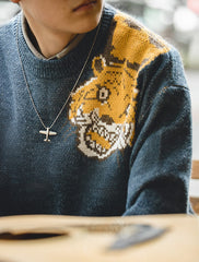 Unbranded 27 Men's Vintage Cartoon Knitted Sweaters Casual Loose Thick O-Neck Tiger Head Pullover Harajuku Streetwear Christmas Jumper