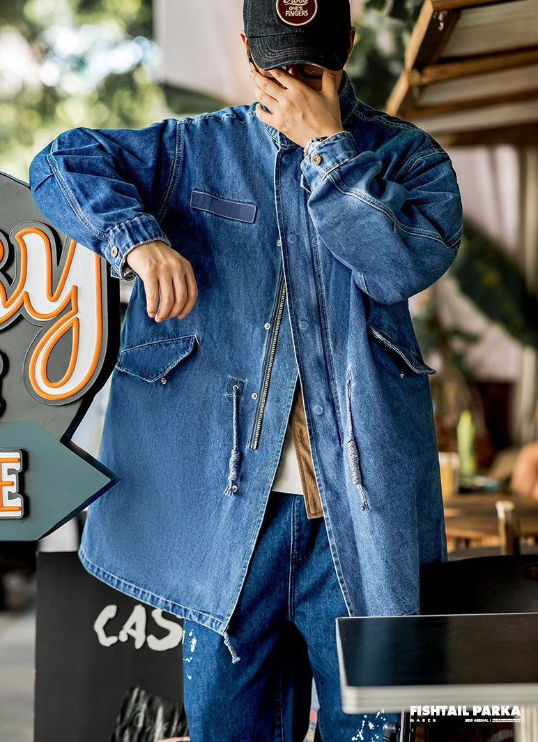 Unbranded 27 American Retro M65 Denim Fishtail Trench Coats Loose Profile Mid-length Windbreaker Men's Autumn Jackets Casual Overcoat