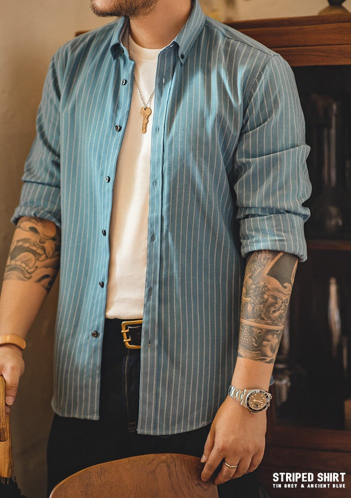 Unbranded 27 men's workwear American vintage brushed blue vertical striped shirt business casual long-sleeved non-iron shirt