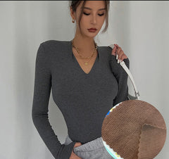 CannedPineapple Slim high stretch thin V-neck long-sleeved bottoming shirt