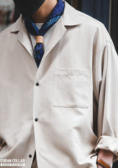 Unbranded 27 men's workwear French vintage long-sleeved Cuban collar thin shirt Naples Japanese shirt peach skin velvet