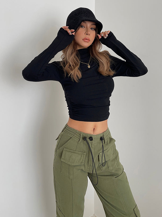 CannedPineapple temperament half high collar pump pleated long sleeve high waist bottoming shirt slim top
