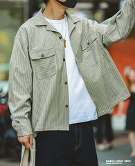 Unbranded 27 Striped Cuban Collar Men Shirt Jap Retro Patchwork Vintage Pocket Long-sleeved Polyester Cotton Spring Fall Shirt Trend