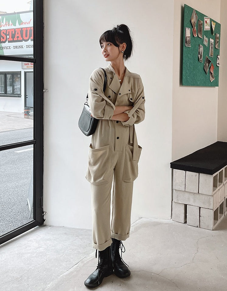 Xian Shu Fashion collar waist-skimming work jumpsuit female fall new temperament high waist straight nine-point jumpsuit tide
