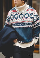 Unbranded 27 Men Turtlenecks Snowflake Sweater Winter Thick Patchwork Harajuku Printed Faire Island Knit Pullovers Japan Retro Oversize
