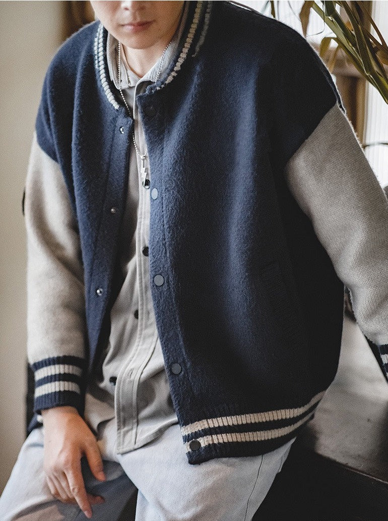 Unbranded 27 workwear men's American casual knitted collision baseball jacket ivy college style cardigan jacket