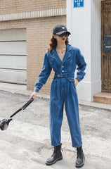 Wei Shang 2022 early autumn new straight waist work jumpsuit suit collar false two-piece suit denim jumpsuit