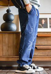 Unbranded 27 Casual Denim Jeans For Men Elastic Waist Loose Straight Long Pants Dark Blue Baggy Trousers Streetwear Brand Clothing