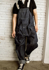 Redtornado-Mens retro American workwear denim backpack pants loose suspenders work pants pants 12OZ original cow jeans