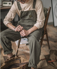 DIANHAI-Men's vintage p44 one-piece work pants backpack pants loose with pants long pants