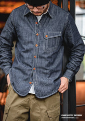 Unbranded 27 Men Jeans Indigo Washed Solid Work Shirt Selvedge jeans Shirt Denim Shirt Long Sleeve Shirt Jacket Vintage Tops Clothing