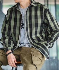Unbranded 27 Harajuku Plaid Men's Shirts Retro 360G Heavy High Quality Casual Single Breasted Loose Long-sleeved Turn-down Collar Shirt